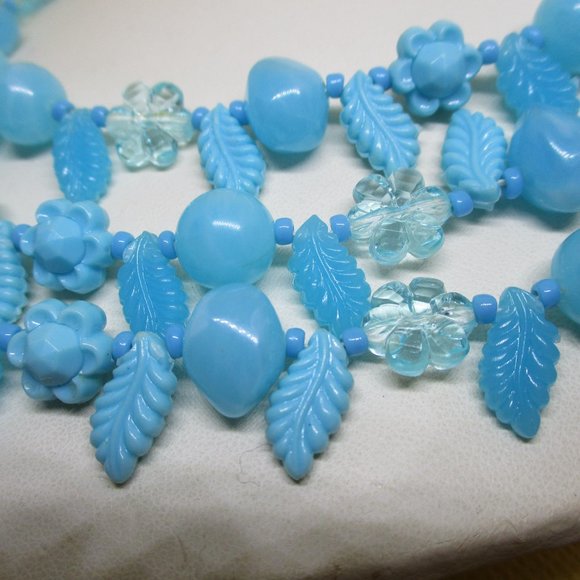 SIGNED W GERMANY NECKLACE Triple Strand Blue Flower Necklace Fruit Salad Beaded - Picture 4 of 12